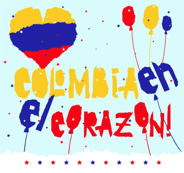 Fêtes plates patrias carte de conception avec texte Colombie en el corazon dans les couleurs du drapeau national de l'État Vintage grunge déchiré style de papier . — Image vectorielle