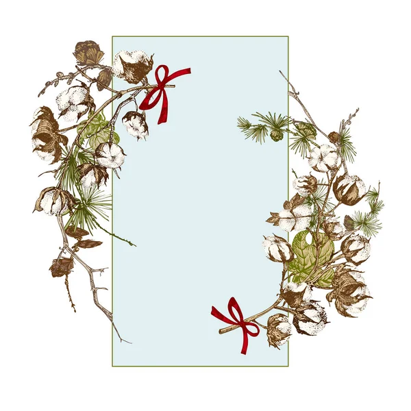 Handgetekende botanische schets bloemenslinger met kerstplanten takken. Vintage graveerstijl. Traditionele vakantie decoratie. Voor design feestelijke kaart, uitnodiging, poster, banner. — Stockvector