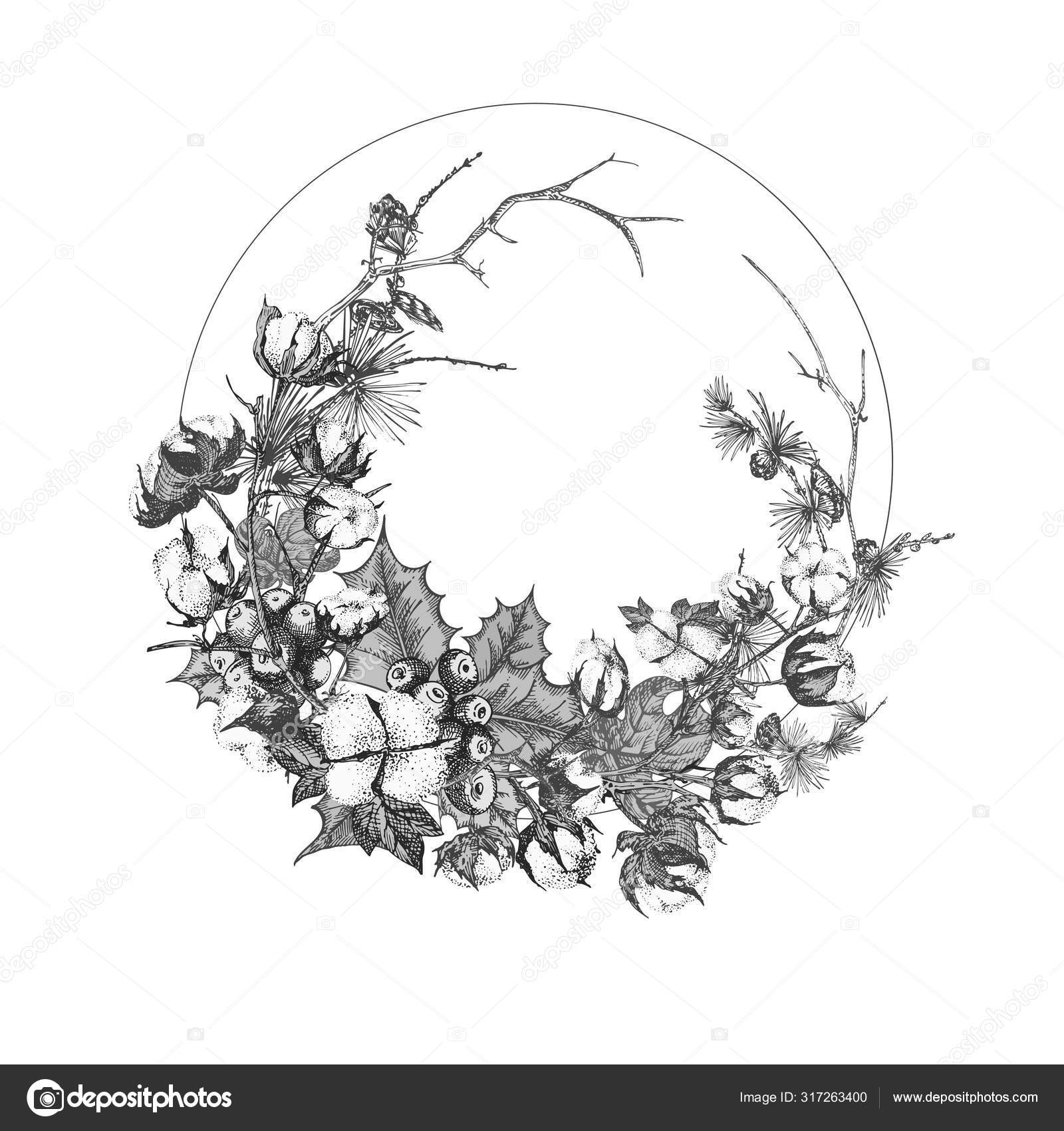 손으로 그린 식물학 스케치 갈랜드 크리스마스 식물 빈티지 페인팅검은 색 과 흰색 스타일의 전통 명절 장식. 스톡 벡터 - ©zzayko  317263400, image size:1600x1700