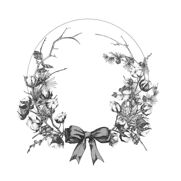 Bozzetto botanico disegnato a mano ghirlanda con piante di Natale Incisione Vintage in bianco e nero illustrazione stile tradizionale decorazione vacanza . — Vettoriale Stock
