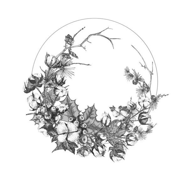 El çizimi botanik çelenk Noel bitkileriyle siyah-beyaz gravür geleneksel tatil dekorasyonu. — Stok Vektör