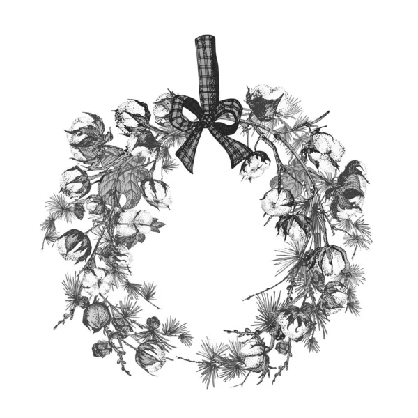 Guirnalda botánica dibujada a mano con plantas navideñas Grabado vintage ilustración de estilo blanco y negro Decoración tradicional navideña . — Archivo Imágenes Vectoriales