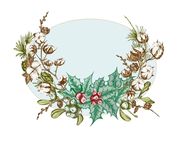 Handgetekende botanische schets bloemenslinger met kerstplanten takken. Vintage graveerstijl. Traditionele vakantie decoratie. Voor design feestelijke kaart, uitnodiging, poster, banner. — Stockvector
