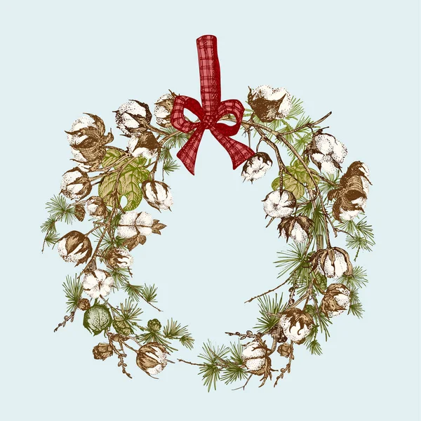 Χειροποίητο βοτανικό σκίτσο γιρλάντα με κλαδιά χριστουγεννιάτικων φυτών. Κλασσικό στυλ χαρακτικής. Παραδοσιακή διακόσμηση διακοπών. Για το σχεδιασμό εορταστική κάρτα, πρόσκληση, αφίσα, banner. — Διανυσματικό Αρχείο