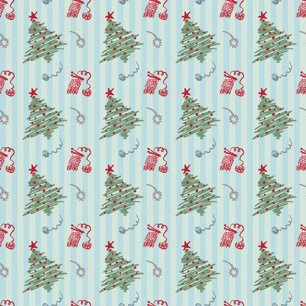 요즘 유행하는 크리스마스 트리와 겨울 휴가 장식 디자인의 바다없는 패턴 스케치. 빈티지 스타일, 플랫 컬러 추상 개념 그래픽 배경 — 스톡 벡터