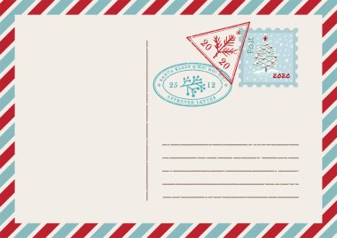Eski hava kartpostalı ve zarf şablonu. Doku grunge noel kauçuğu geleneksel bayram sembolleriyle damgalanmış. Tebrik metniniz için yer