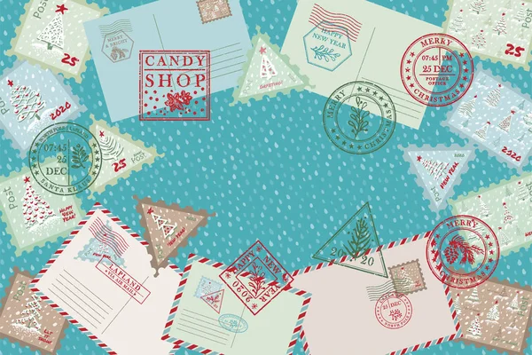 庆祝背景与老式航空明信片和信封，纹理灰白色圣诞邮票橡皮图章圣诞传统的红色和蓝色的节日标志。 放在你的文字位置上 — 图库矢量图片