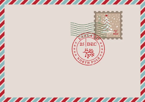 Template of vintage air mail postcard and envelope. Texture grunge christmas stamp rubber with holiday symbols in traditional colors. Place for your greeting text — Stock Vector