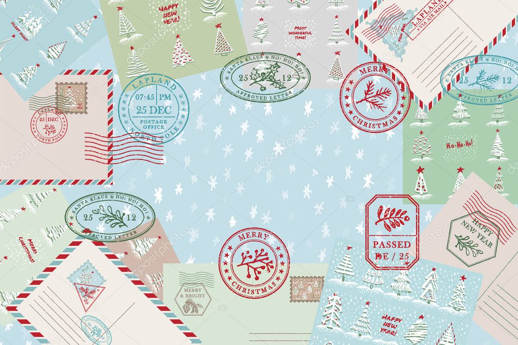 Celebration background with vintage air mail postcard and envelope, textured grunge christmas postage rubber stamps Xmas holiday symbols in traditional red green and blue colors. Place for your text