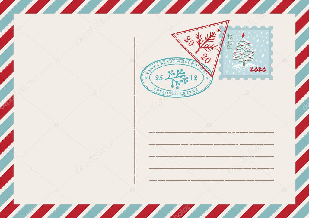 Template of vintage air mail postcard and envelope. Texture grunge christmas stamp rubber with holiday symbols in traditional colors. Place for your greeting text