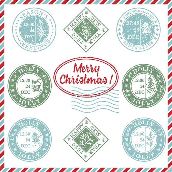 Set texturierter Vintage Grunge Weihnachtsstempel mit Feiertagssymbolen in den Farben rot, grün und blau. für Weihnachtsgrußkarte, Einladungen, Web-Banner, Verkaufsflyer Retro-Design — Stockvektor