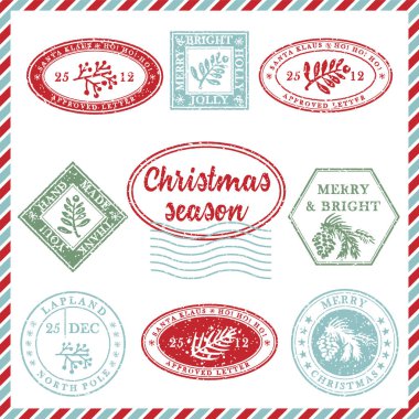 Klasik desenli grunge noel kauçuğu seti. Kırmızı, yeşil ve mavi renkli bayram sembolleri. Xmas tebrik kartı, davetiyeler, web afişi, satış broşürleri, retro tasarım