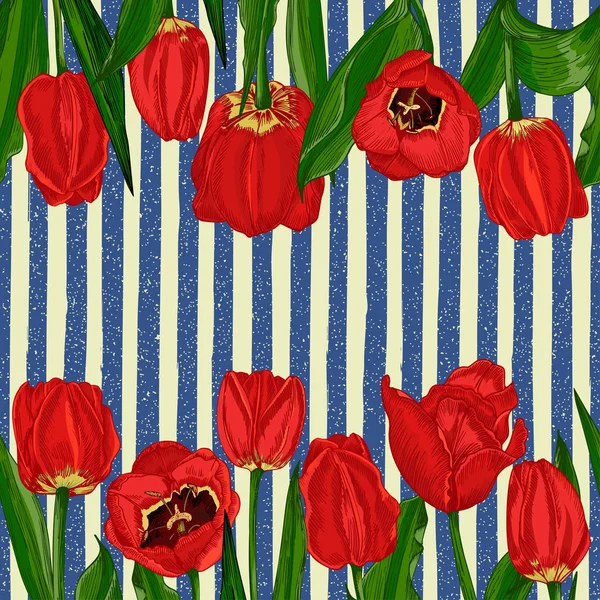 Fondo de saludo con ramo de tulipanes de flores de primavera en colores rojo y verde. Patrón horizontal sin costura — Vector de stock