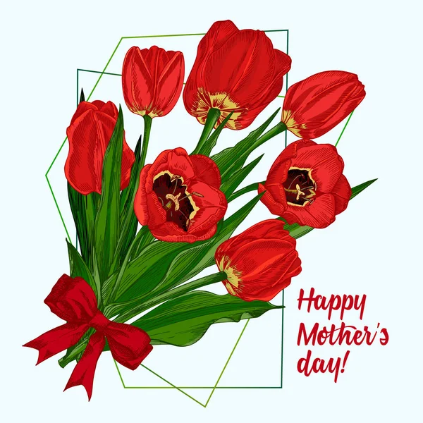 Carte de voeux avec bouquet de fleurs de printemps de tulipes en couleurs rouge et vert sur fond blanc. Style de dessin de gravure sur ligne. Nature botanique réaliste motif croquis floral — Image vectorielle
