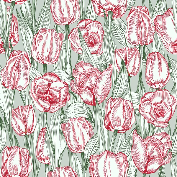 Saludo sin costuras con ramo de tulipanes de flores de primavera en colores rojo y verde sobre fondo azul. Dibujo grabado Estilo vintage — Vector de stock