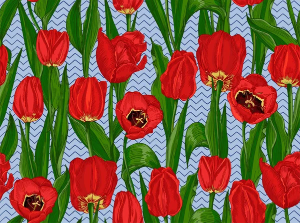 Приветствие бесшовный фон с весенним цветочным букетом тюльпанов в красном и зеленом цветах. Горизонтальный бесшовный рисунок — стоковый вектор