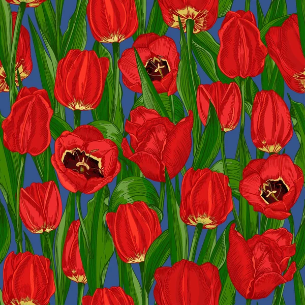 Saludo fondo sin costuras con ramo de tulipanes de flores de primavera en colores rojo y verde. Patrón horizontal sin costura — Vector de stock