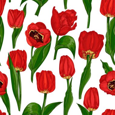 Greeting seamless background with Spring flower tulips in red and green colors. Horizontal seamless pattern