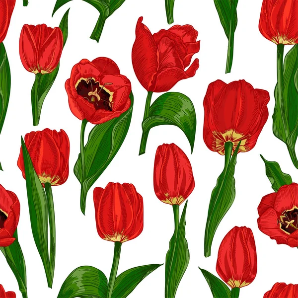 Поздравляем безмордый фон с весенними цветочными тюльпанами красного и зеленого цветов. Горизонтальный бесшовный рисунок — стоковый вектор
