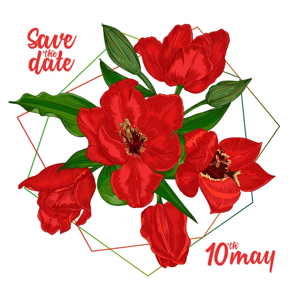 Lente bloem boeket van tulpen in rode en groene kleuren op witte achtergrond. Lijngravure tekenstijl. Realistische botanische aard bloemen schets patroon voor bruiloft begroeting kunst decoratie ontwerp. — Stockvector