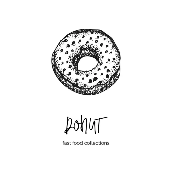 Hand drawn ink sketch donut. Engraving style. Fast food breakfast collection. Good idea for your cafe menu design, street festival flyer, sticker, tattoo, fashion print. — Stock Vector