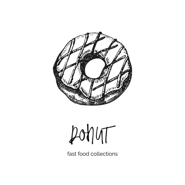 Hand drawn ink sketch donut. Engraving style. Fast food breakfast collection. Good idea for your cafe menu design, street festival flyer, sticker, tattoo, fashion print. — Stock Vector