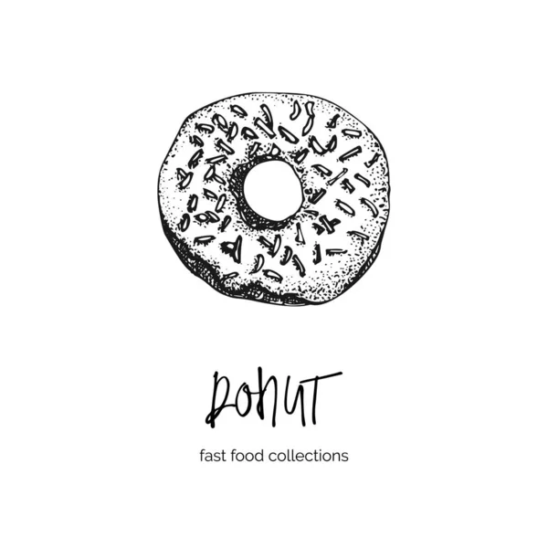 Hand drawn ink sketch donut. Engraving style. Fast food breakfast collection. Good idea for your cafe menu design, street festival flyer, sticker, tattoo, fashion print. — Stock Vector