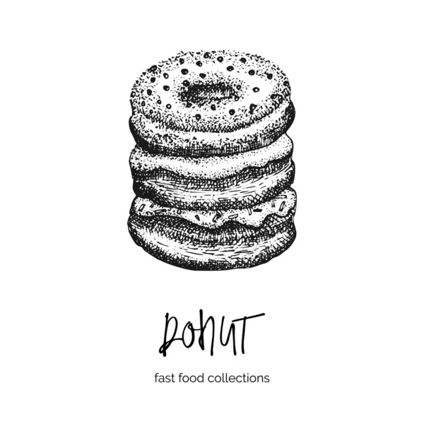 Hand drawn ink sketch donut. Engraving style. Fast food breakfast collection. Good idea for your cafe menu design, street festival flyer, sticker, tattoo, fashion print. — Stock Vector