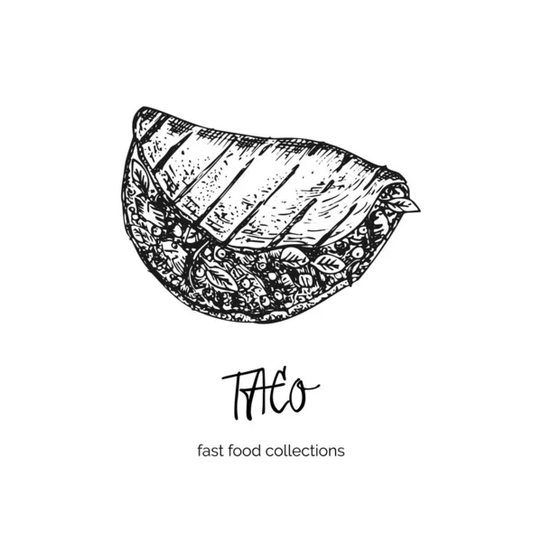 Hand drawn ink sketch taco. Engraving style. Fast food breakfast collection. Good idea for your cafe menu design, street festival flyer, sticker, tattoo, fashion print. — Stock Vector