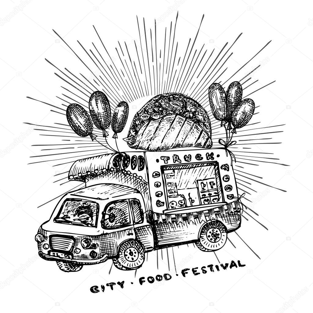 Retro hipster poster with hand drawn food truck in sun light isolated on white background. Vintage sketch transport car Good idea for chalkboard design, festival flayer, menu, Vector illustration