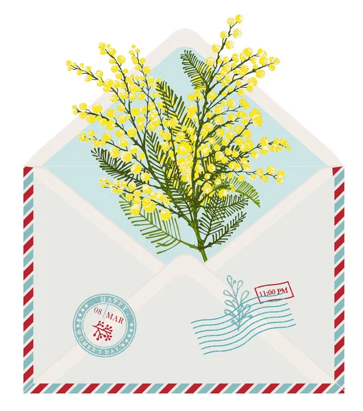 Plantilla Sobre Postal Vintage Con Rama Dibujada Mano Mimosa Flor — Vector de stock