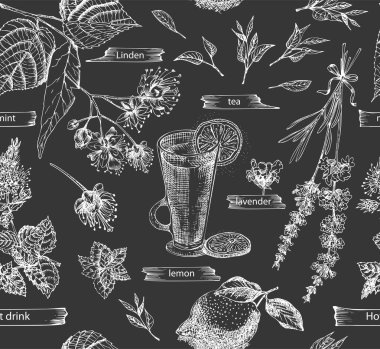 Klasik el çizimi eskiz yıldızı anason, tarçın, lavanta, biberiye, limon, zencefil, kahve, çay, nane, Linden siyah tebeşirle çizilmiş.