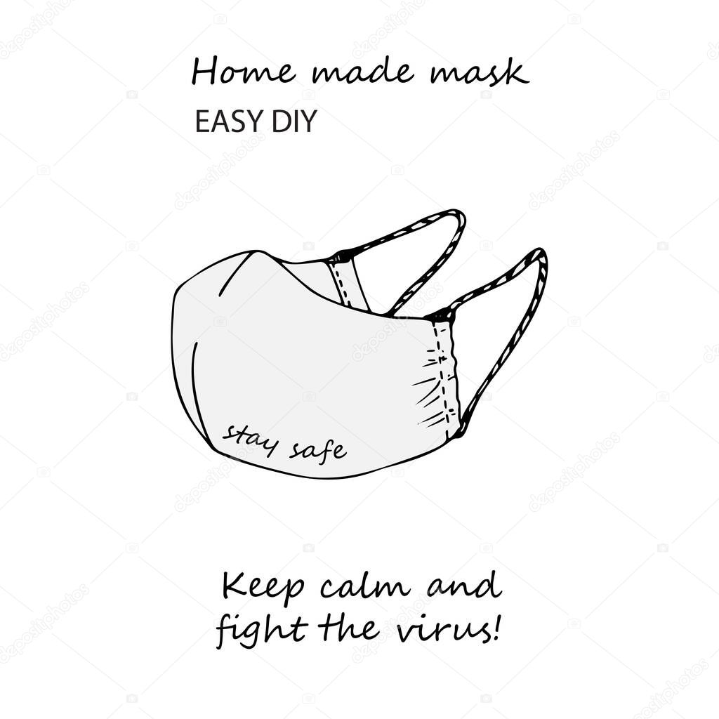 Design concept of Medical information poster with text Keep calm and fight the virus Home made face pollution textile mask. Hand drawn line icon. Minimalistic style. Vector Illustrations.