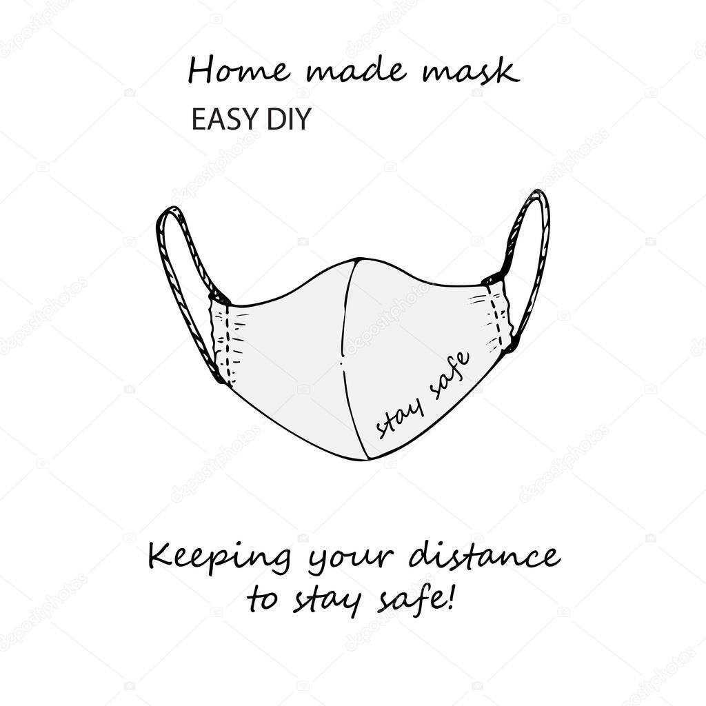 Design concept of Medical information poster with text Keeping Your Distance to Stay Safe Home made face pollution textile mask. Hand drawn line icon. Minimalistic style. Vector Illustrations.