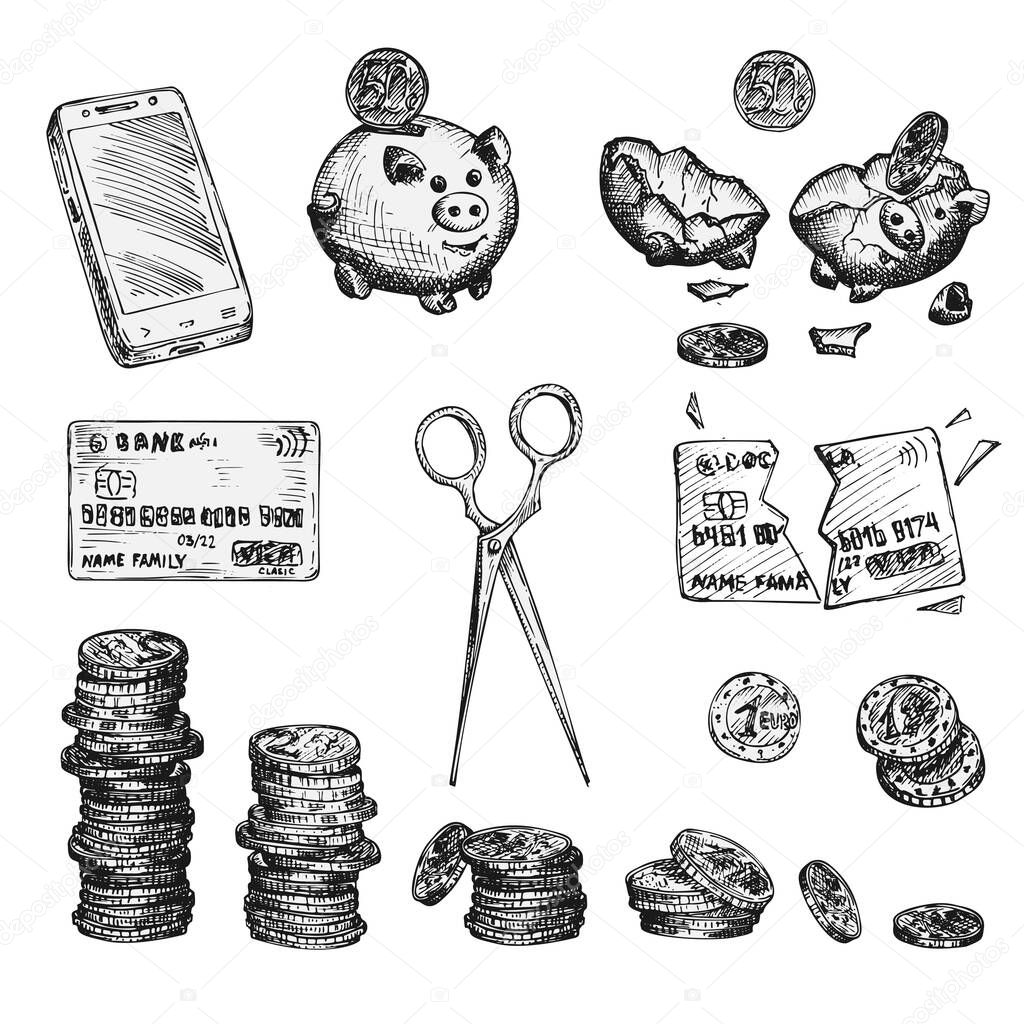 Set of ink sketch finance icons money, coins, wallet, credit cards, smartphone, piggy bank, scissors isolated on white background, Financial markets design concept Vintage engraving style vector