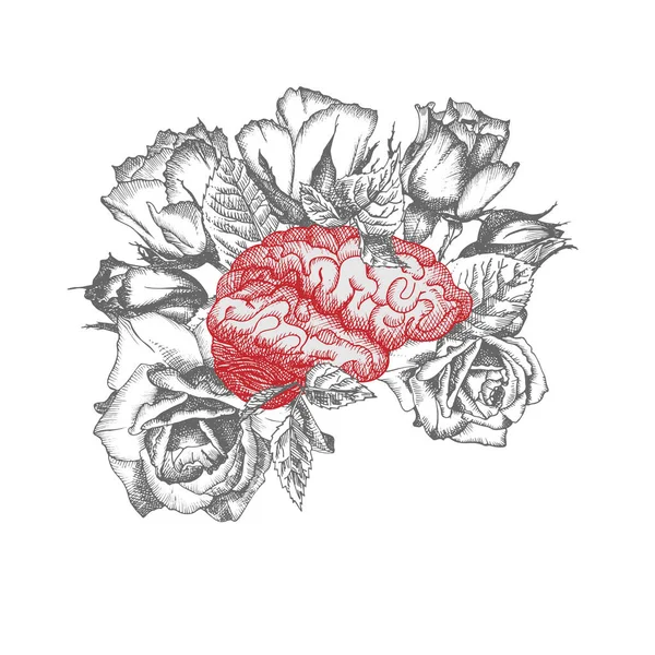 Brain Bouquet Roses Realistic Hand Drawn Icon Human Internal Organ — Stock Vector