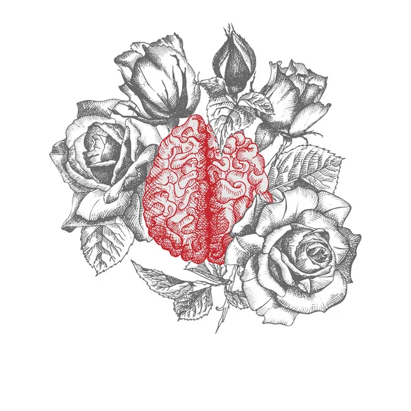 Мозг Букетом Роз Реалистичная Рукописная Икона Человеческого Внутреннего Органа Цветочная — стоковый вектор