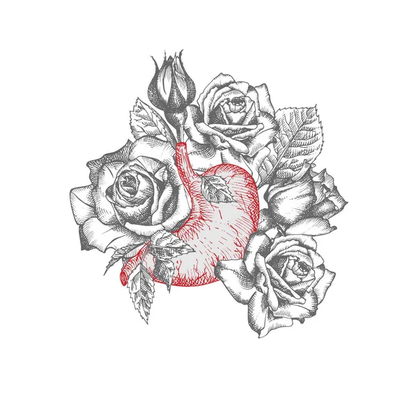 Estómago Con Rosas Ramo Icono Realista Dibujado Mano Órgano Interno — Vector de stock