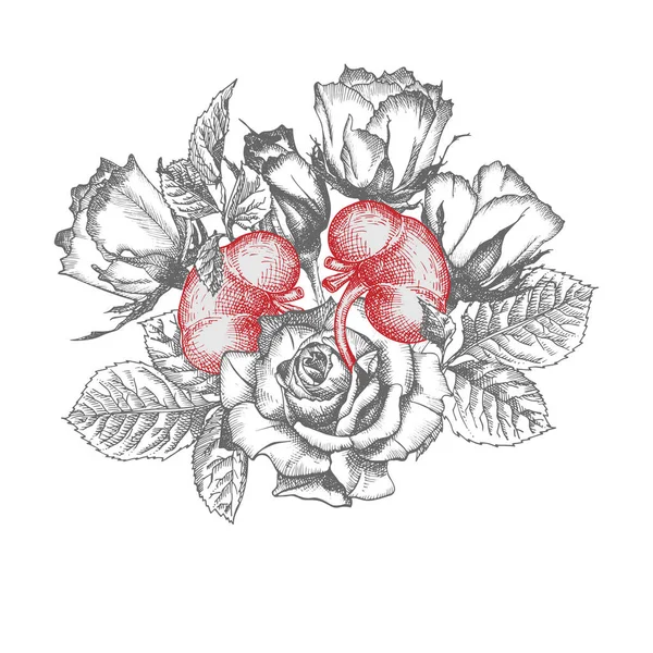 肾与花束玫瑰现实的手绘图标人体内部器官和花卉框架 雕刻艺术 素描风格 医疗后病毒性康复海报 纹身载体的设计概念 — 图库矢量图片