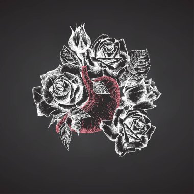 İnsan iç organının ve çiçek çerçevesinin elle çizilmiş gerçekçi bir ikonu üzerinde buket gülleri olan bir mide. Sketch gravür stili. Virüs sonrası tıbbi rehabilitasyon tasarımı. Dövme Sanatı Vektörü.