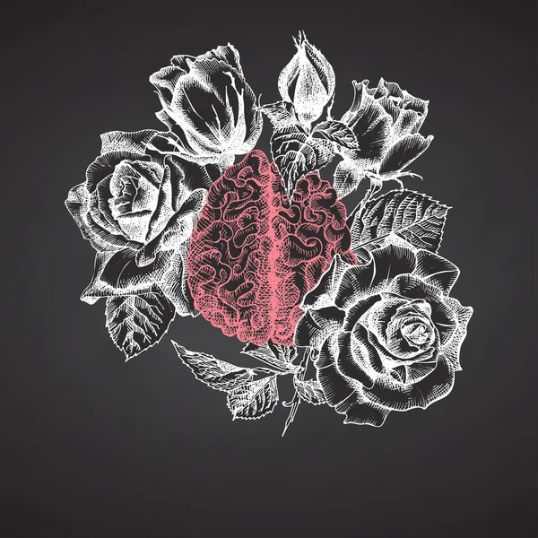 在黑板上挂着花束玫瑰的大脑写实主义手工绘制的人体内部器官和花框的图标 素描雕刻风格 医学病毒后康复设计理念 鞑靼艺术 — 图库矢量图片