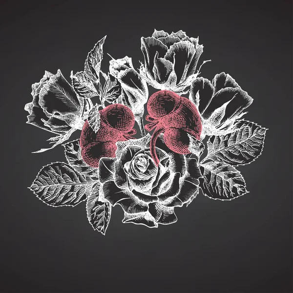 肾与花束玫瑰在黑板现实的手绘图标人体内部器官和花卉框架 素描雕刻风格 医学病毒后康复设计理念 鞑靼艺术 — 图库矢量图片