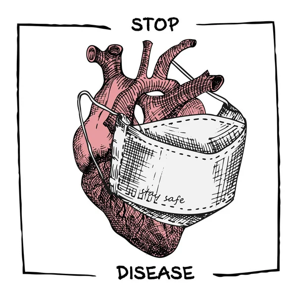 Coeur Avec Masque Médical Icône Réaliste Dessinée Main Des Organes — Image vectorielle