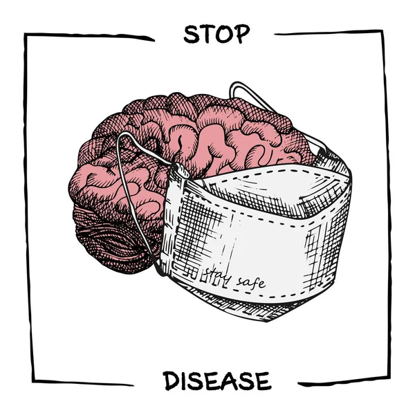 Cerebro Con Máscara Médica Icono Realista Dibujado Mano Los Órganos — Vector de stock