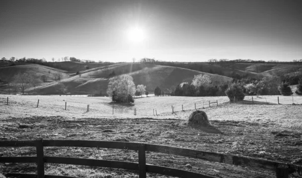 Puesta de sol sobre Ketucky Farmland con una valla en primer plano . —  Fotos de Stock