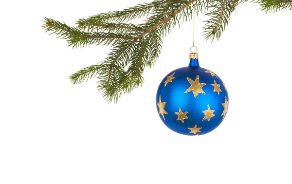 Modrý ornament s hvězdami zavěšenými na větvi — Stock fotografie