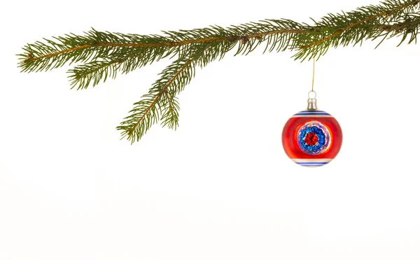 Ornamento de Natal vermelho e azul pendurado em uma árvore contra o branco — Fotografia de Stock