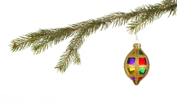 Ornamento de Natal multicolorido pendurado em uma árvore contra o branco — Fotografia de Stock