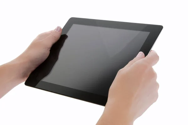 Woman Holding Black Tablet  isolated against white background. — Stock Photo, Image