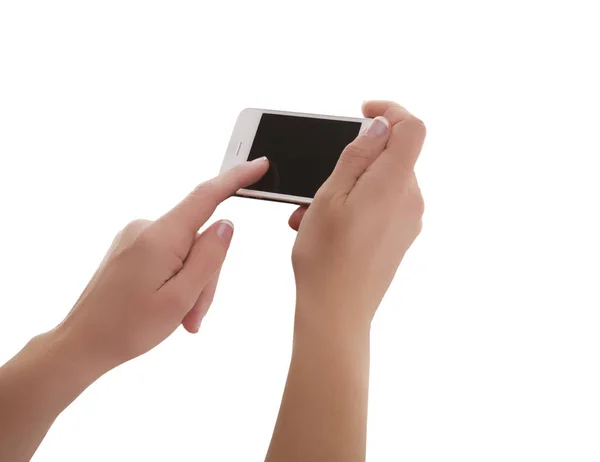 Smartphone horizontal, pantalla táctil femenina — Foto de Stock